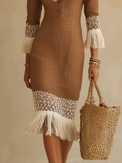 Elegant Vacation Tassel Hem Mocha Bodycon Midi Dress