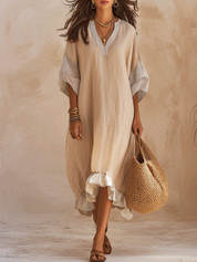 Effortless Coastal Breeze Relaxed Fit Kaftan Beige Midi Dress
