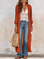 Elegant Vacation Sunset Clay Open-Front Maxi Cardigan