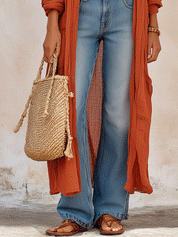 Elegant Vacation Sunset Clay Open-Front Maxi Cardigan