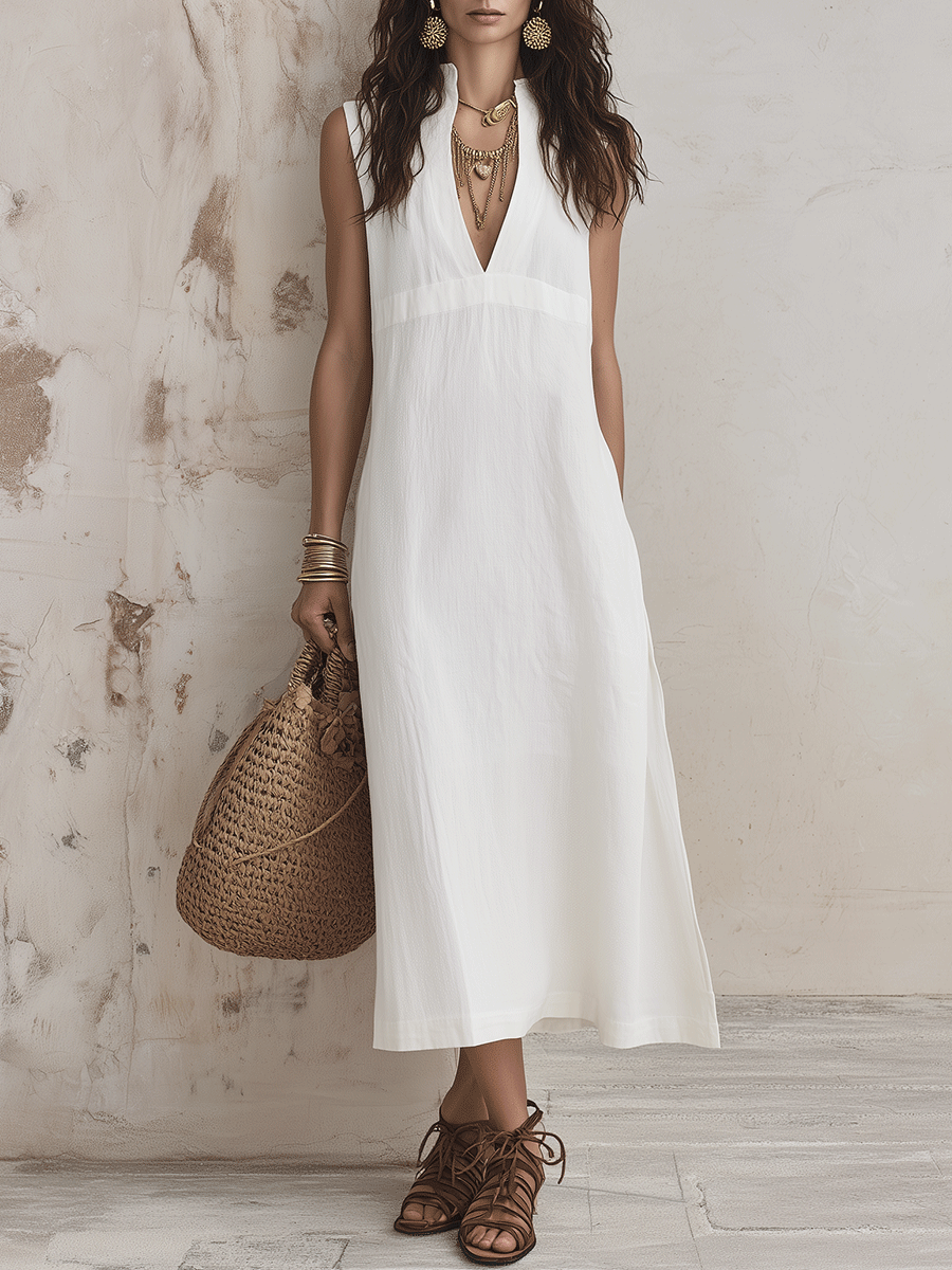 Elegant Vacation Cotton-Linen Pure White V-Neck A-Line Midi Dress