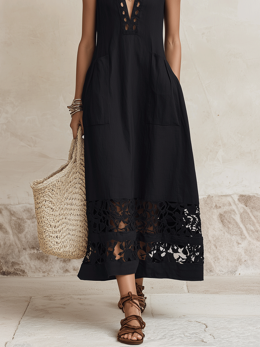 Elegant Vacation Minimal Chic Black Cotton-Linen A-Line Midi Dress