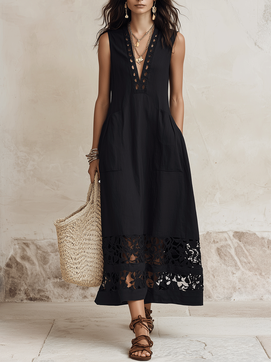 Elegant Vacation Minimal Chic Black Cotton-Linen A-Line Midi Dress