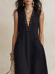 Elegant Vacation Minimal Chic Black Cotton-Linen A-Line Midi Dress