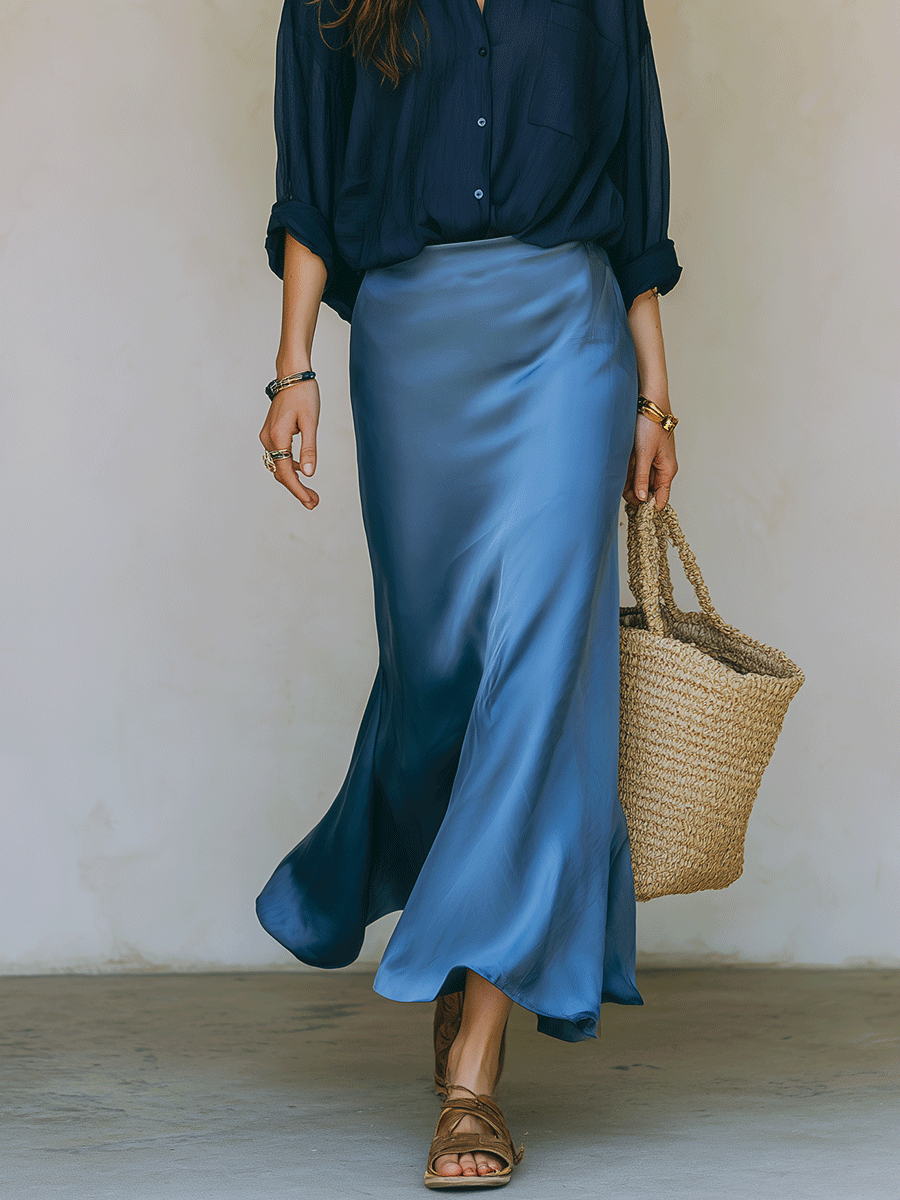 Elegant Vacation Luxe Navy Top With Satin Mermaid Blue Skirt