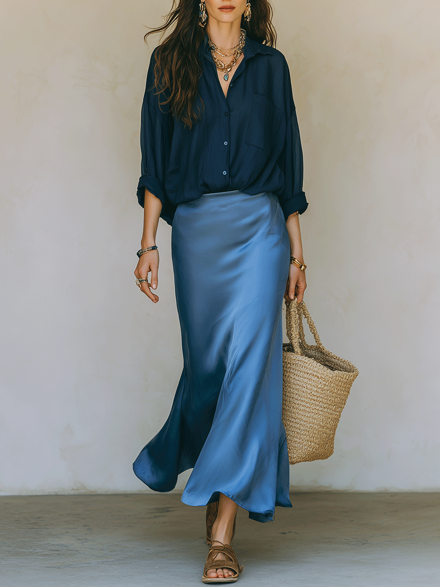 Elegant Vacation Luxe Navy Top With Satin Mermaid Blue Skirt
