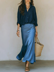 Elegant Vacation Luxe Navy Top With Satin Mermaid Blue Skirt