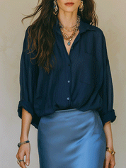 Elegant Vacation Luxe Navy Top With Satin Mermaid Blue Skirt