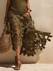 Effortless Coastal Safari Olive Green 3D Floral Statement Maxi Dress