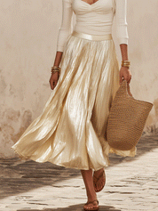 Effortless Coastal Elegance Cream Ruched Top & Pleated Skirt Set