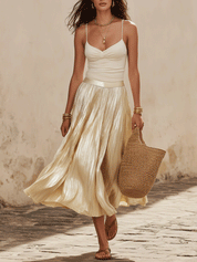 Effortless Coastal Elegance Cream Ruched Top & Pleated Skirt Set