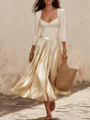 Effortless Coastal Elegance Cream Ruched Top & Pleated Skirt Set