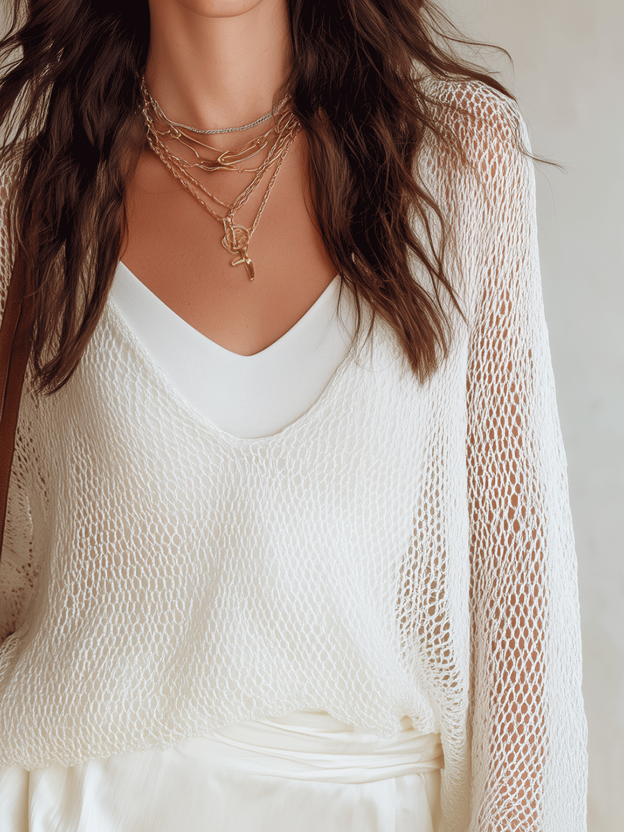 Bohemian Mesh Layer Resort Ivory V-Neck Knit Top