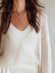 Bohemian Mesh Layer Resort Ivory V-Neck Knit Top