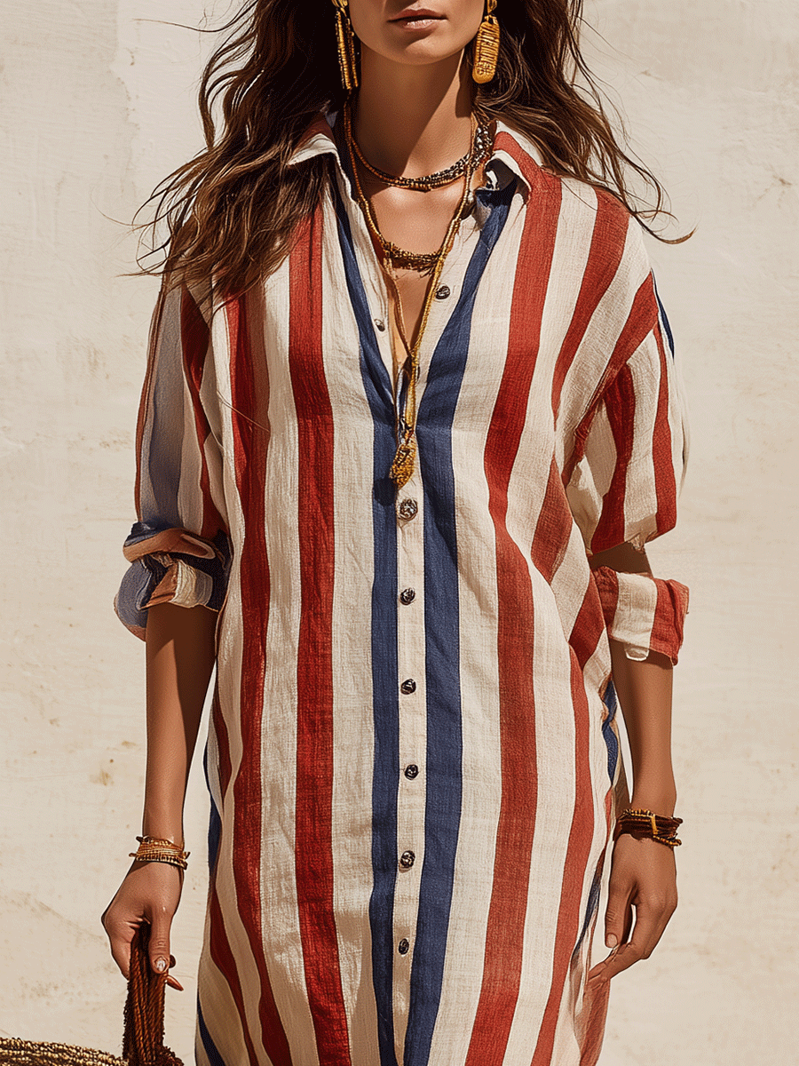 Casual Chic Coastal Breeze Lightweight Patriotic Stripe Midi Dress