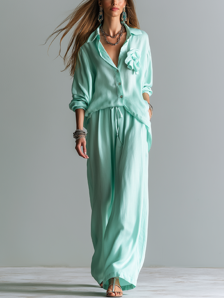 Light Mint Green Floral Shirt And Wide-leg Pants Set