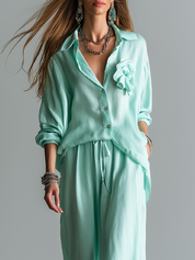 Light Mint Green Floral Shirt And Wide-leg Pants Set