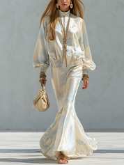 French-style Elegant Cream White And Blue Printed Satin Suit