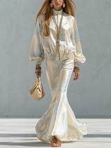 French-style Elegant Cream White And Blue Printed Satin Suit