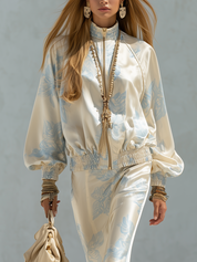 French-style Elegant Cream White And Blue Printed Satin Suit