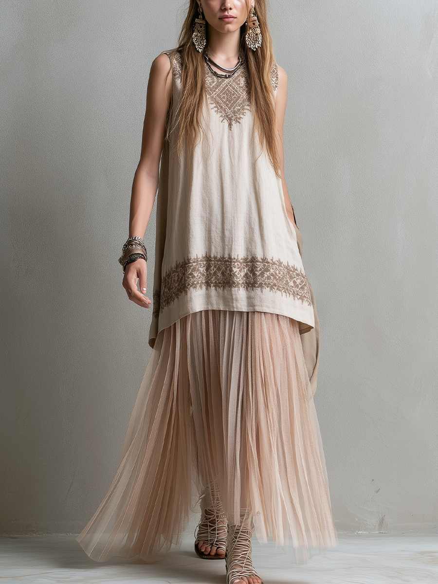 Bohemian Light Pink Floral Print Top And Lightweight Mesh Skirt Set