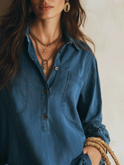 Elegant Vacation Lace Cutwork Detail Blue Tunic Shirt