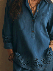 Elegant Vacation Lace Cutwork Detail Blue Tunic Shirt