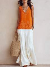 Bohemian Lace Trim Resort Orange Embroidered Top & White Flow Skirt Set