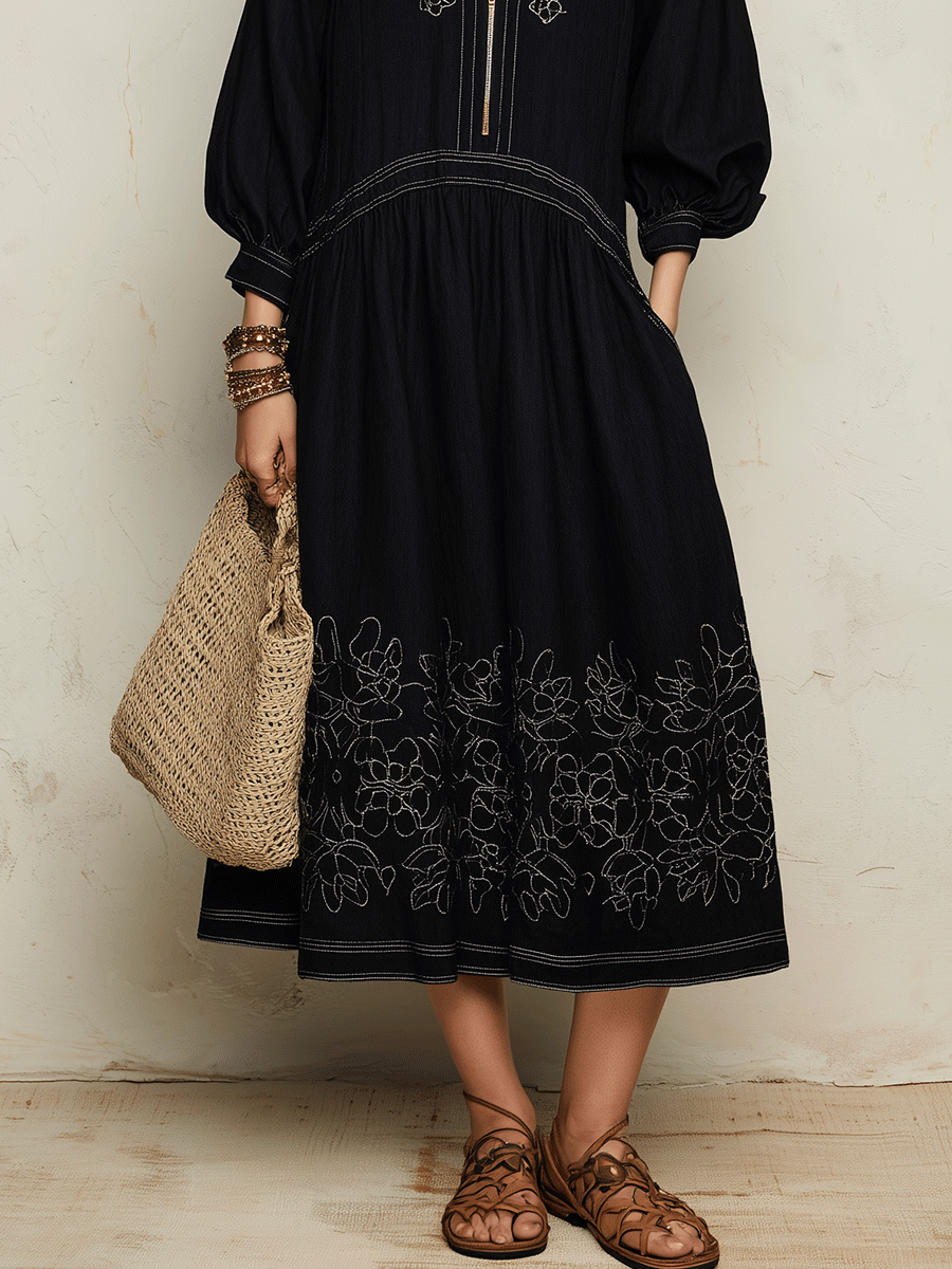 Bohemian Embroidered Resort Midnight Black Midi Dress