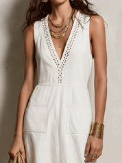 Effortless Coastal Elegance Sleeveless Eyelet Detail  V-Neck Cotton Midi Dress