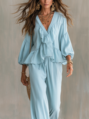 Bohemian Blue Ruffled Top And Wide-leg Pants Suit