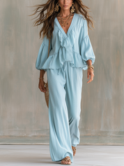 Bohemian Blue Ruffled Top And Wide-leg Pants Suit