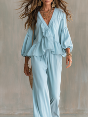 Bohemian Blue Ruffled Top And Wide-leg Pants Suit