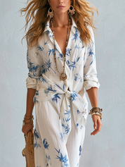 Bohemian Blue Floral Shirt And Wide-leg Pants Suit