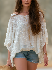 Bohemian Style White Sequined Tweed Top