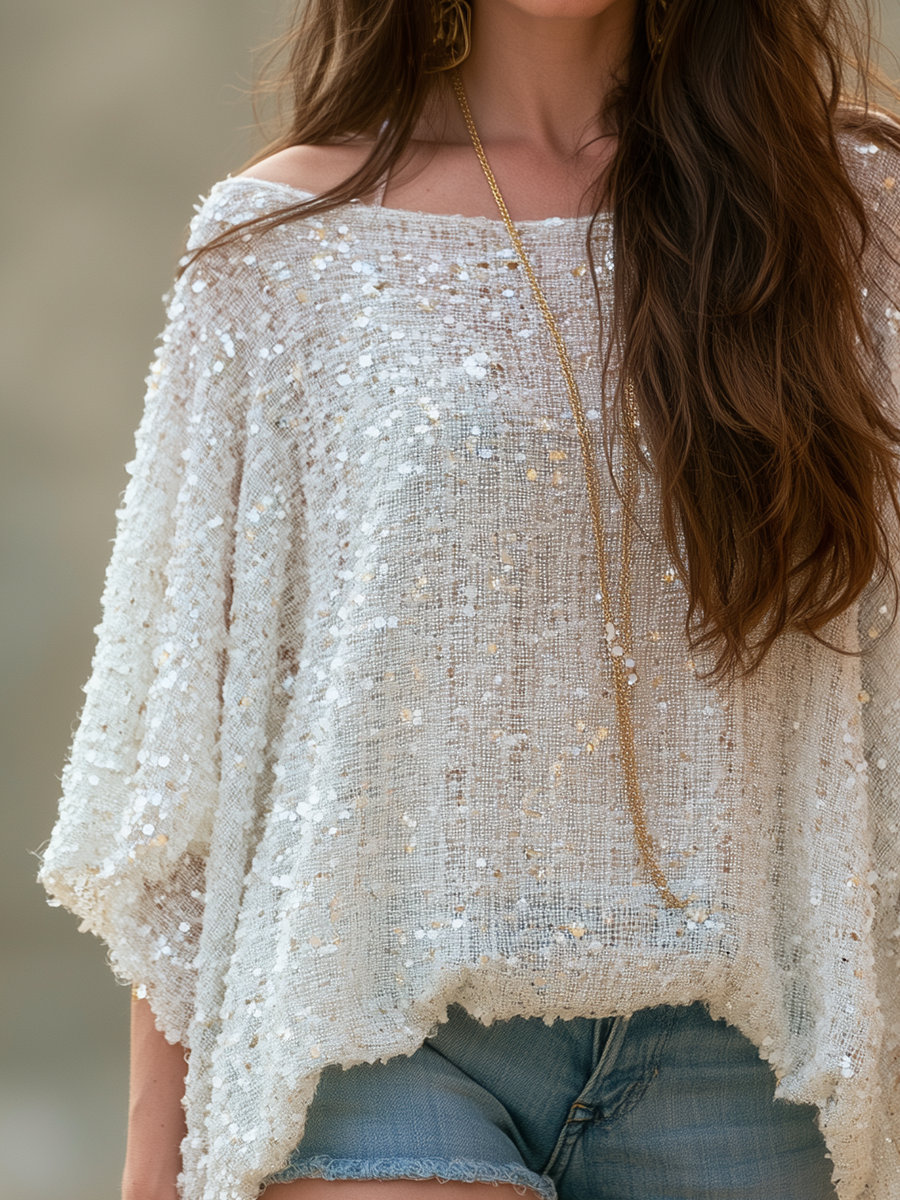 Bohemian Style White Sequined Tweed Top