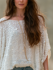 Bohemian Style White Sequined Tweed Top
