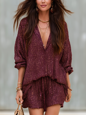 Bohemian Burgundy Sequined Tweed Shorts Suit