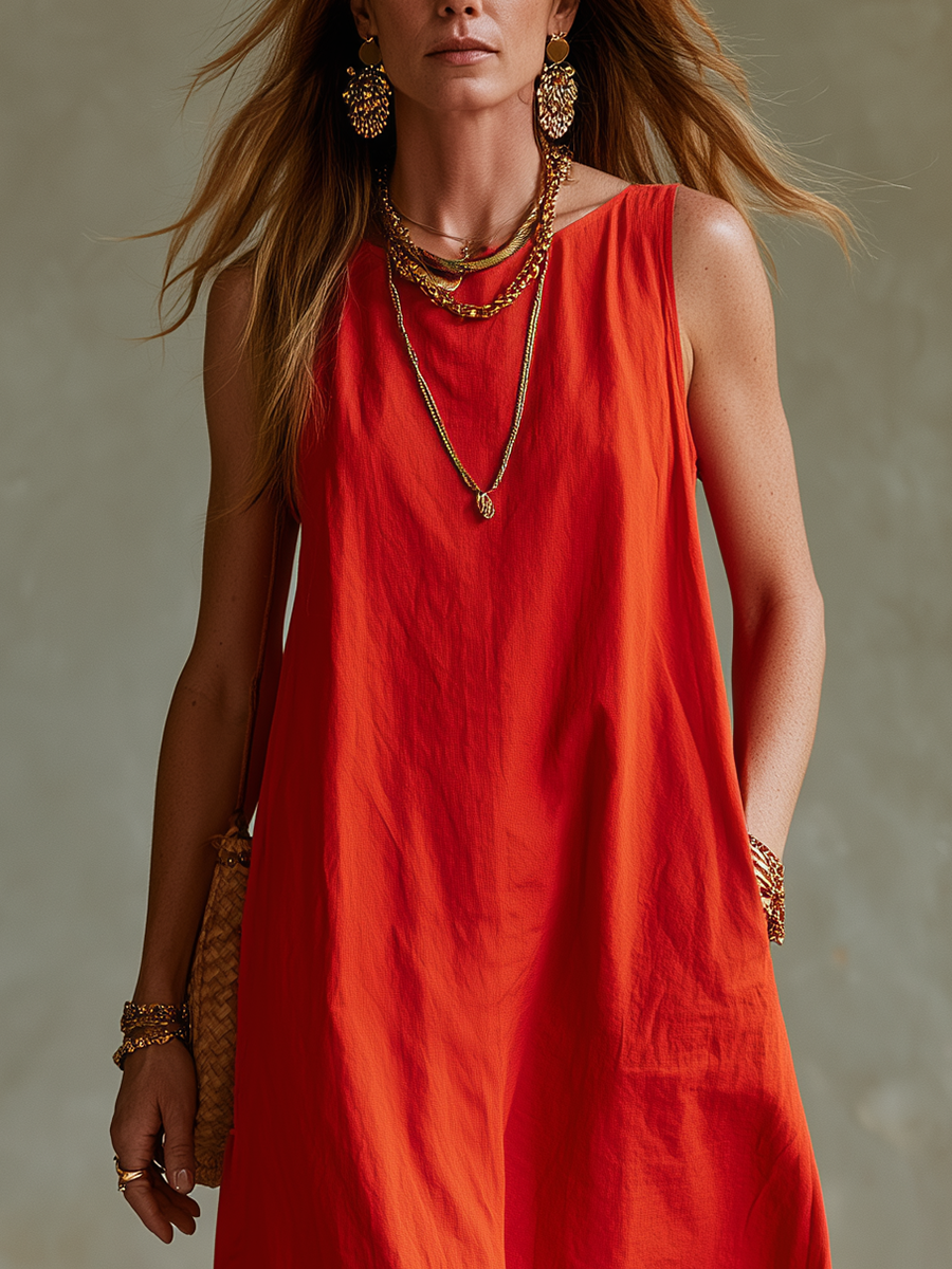Bohemian Cotton Linen Red Maxi Dress