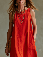Bohemian Cotton Linen Red Maxi Dress