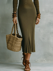 Bohemian Cold-Shoulder Resort Olive Green Knit Midi Dress