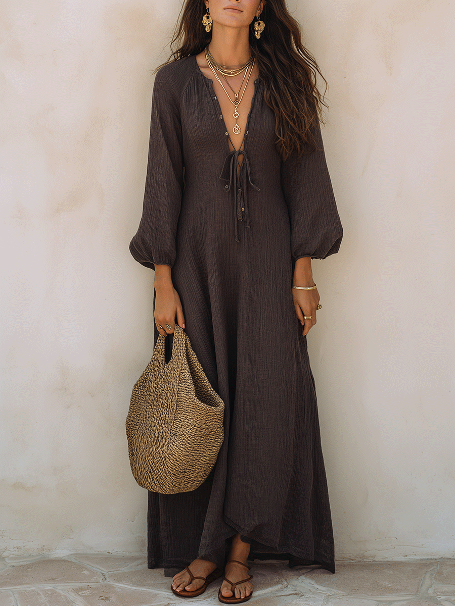 Effortless Coastal Elegance Chocolate Brown Flowing Boho Maxi Dress