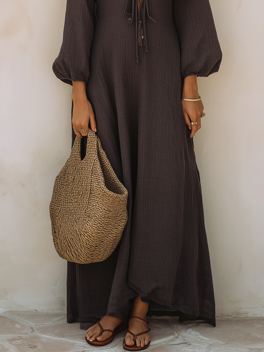 Effortless Coastal Elegance Chocolate Brown Flowing Boho Maxi Dress