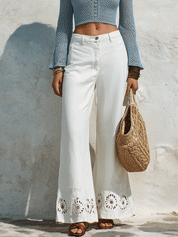 Bohemian Eyelet Hem Resort White Wide-Leg Pants