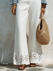 Bohemian Eyelet Hem Resort White Wide-Leg Pants