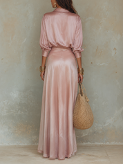 Rose Glow Satin Ensemble – Draped Silhouette Statement Style For Modern Resort Wear