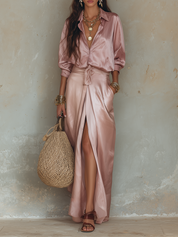 Rose Glow Satin Ensemble – Draped Silhouette Statement Style For Modern Resort Wear