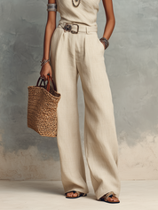 Ivory One-Shoulder Linen Top & Wide-Leg Pants Set – Minimal Resort Elegance