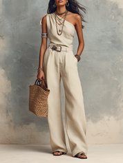 Ivory One-Shoulder Linen Top & Wide-Leg Pants Set – Minimal Resort Elegance