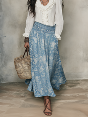 Bohemian White Ruffle Blouse & Blue Jacquard  – Effortless Resort Elegance Midi Skirt